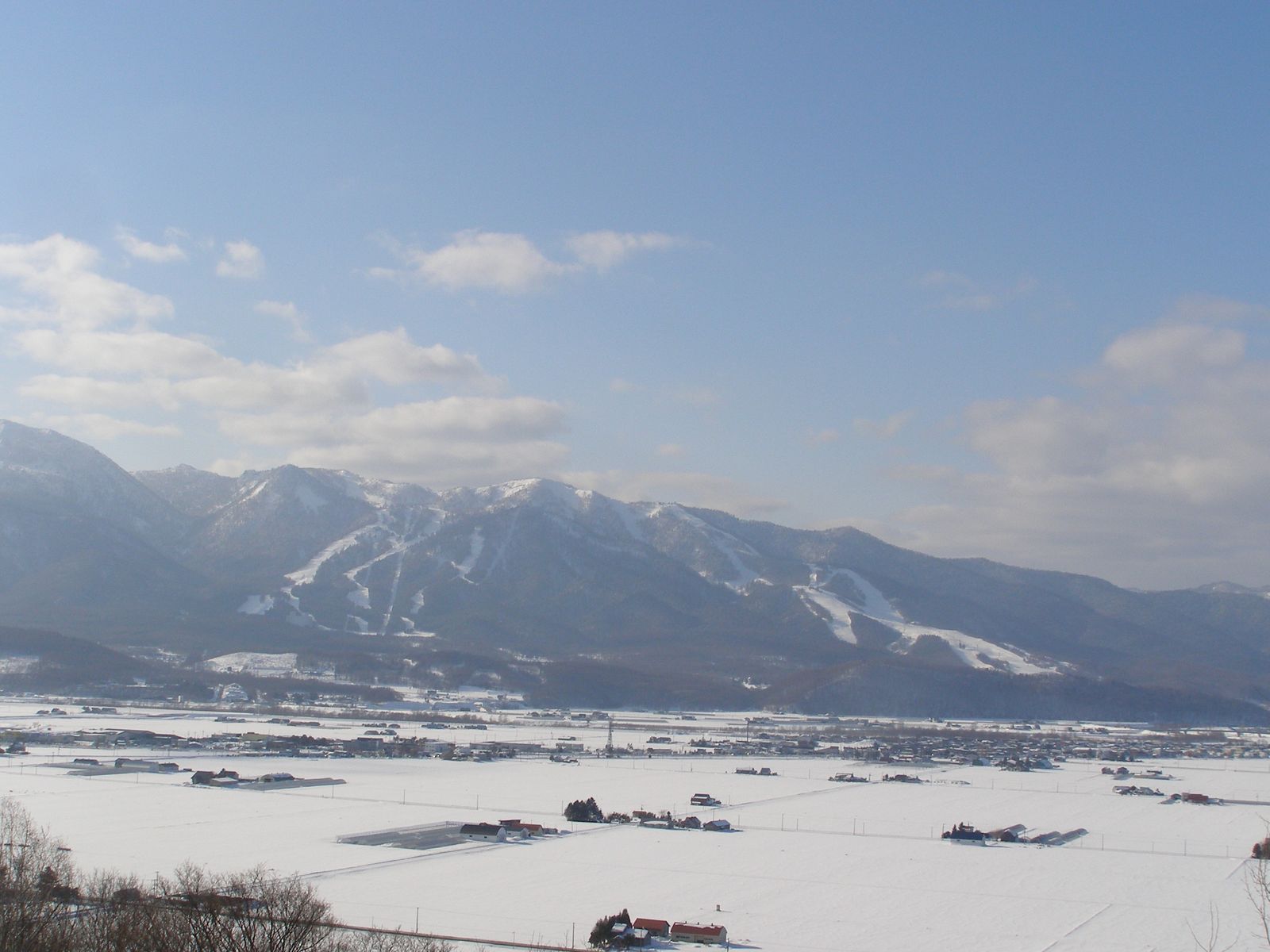 積雪した平野の奥に、ゲレンデの筋が刻まれた富良野スキー場の山塊が横たわる冬の富良野市