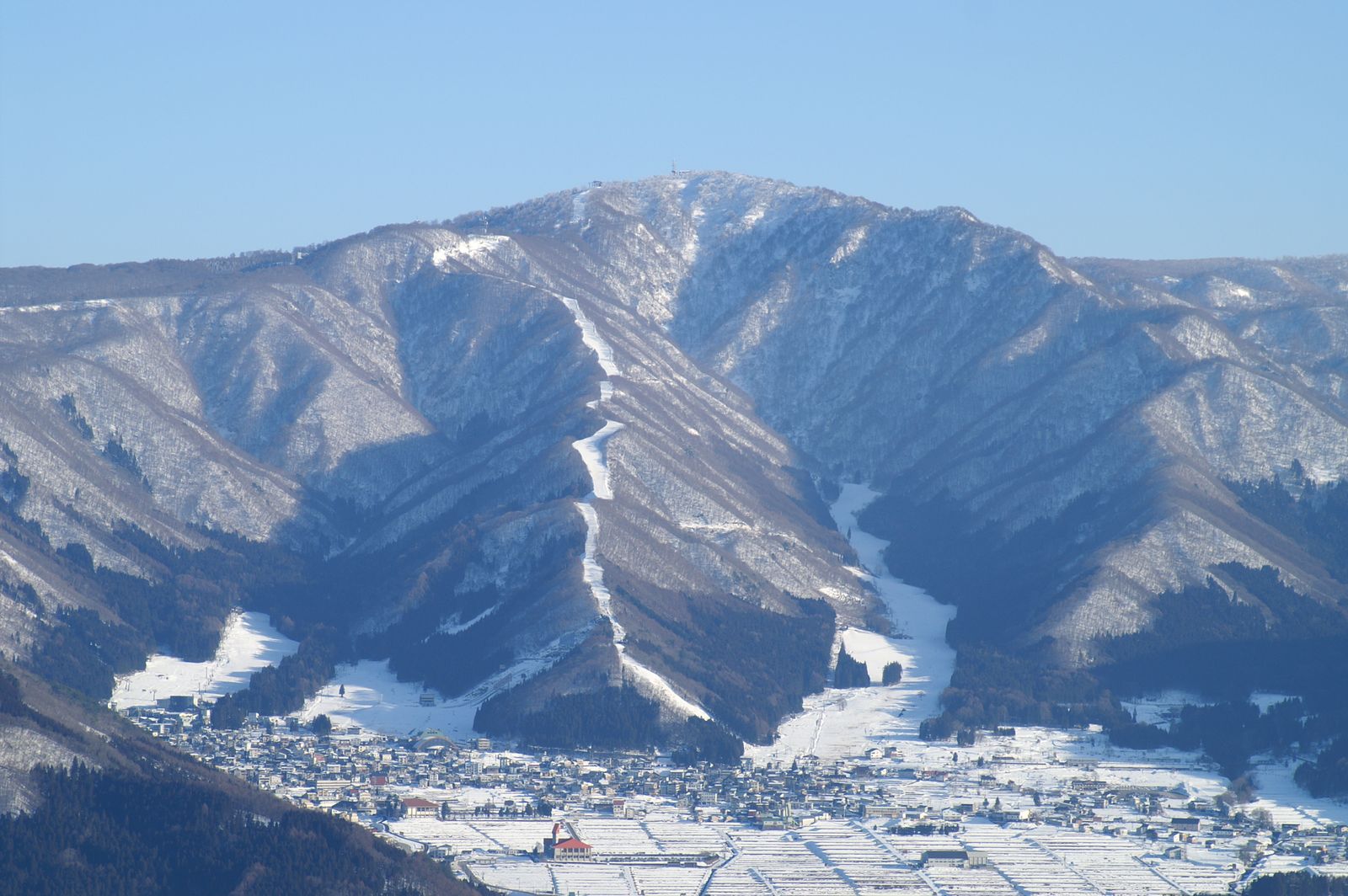 野沢温泉スキー場の全景。中央に山頂へ伸びるゲレンデが走り、山裾の斜面に温泉街の建物が密集して広がる