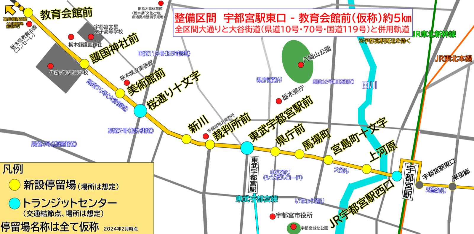 宇都宮駅西側へのライトライン延伸区間の想定ルート図